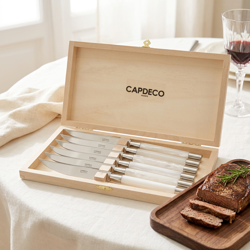 Caja de seis cuchillos Conty White junto a una tabla con carne