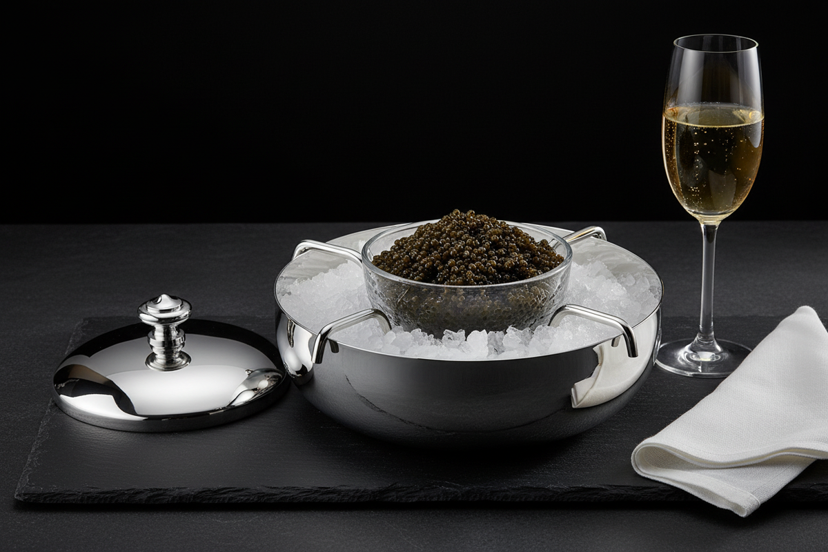 Caviar Set abierto - hielo y caviar en bowl, tapa a un lado