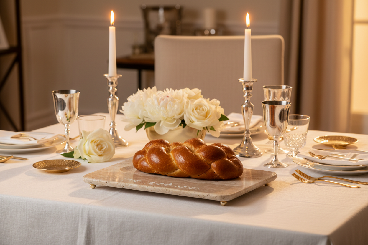 Challah Board Travertine - Shabbat ambientada