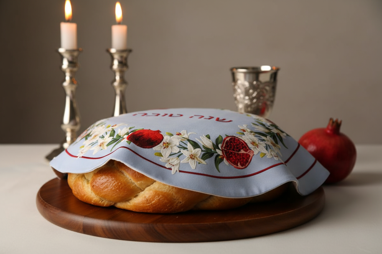 Challah Cover Pomegranate Blue - Lifestyle