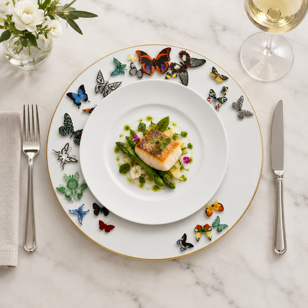 Charger Butterfly Parade ambientado bajo un plato de cena