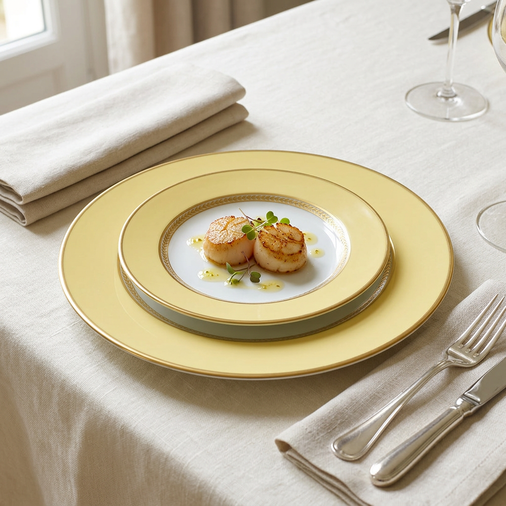 Constance Jaune como plato base en una mesa puesta