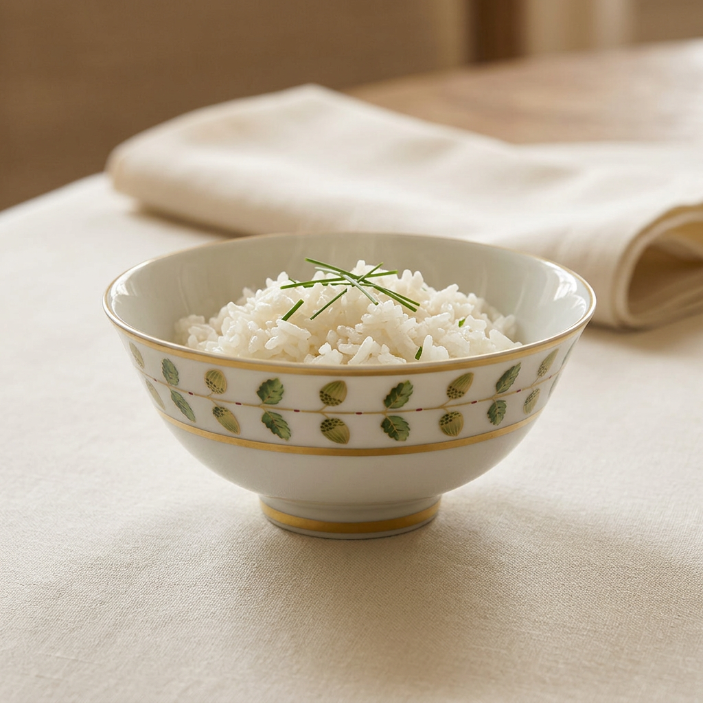 Constance Rice Bowl en una mesa elegante con arroz servido