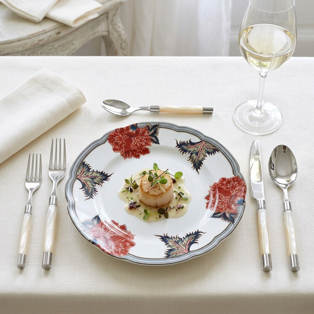 Conty Pearl con plato Bernardaud Braquenié en una mesa elegante y luminosa