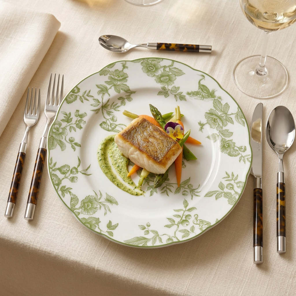 Conty Tortoise de cinco piezas con plato Bernardaud Albertine en una mesa elegante y luminosa
