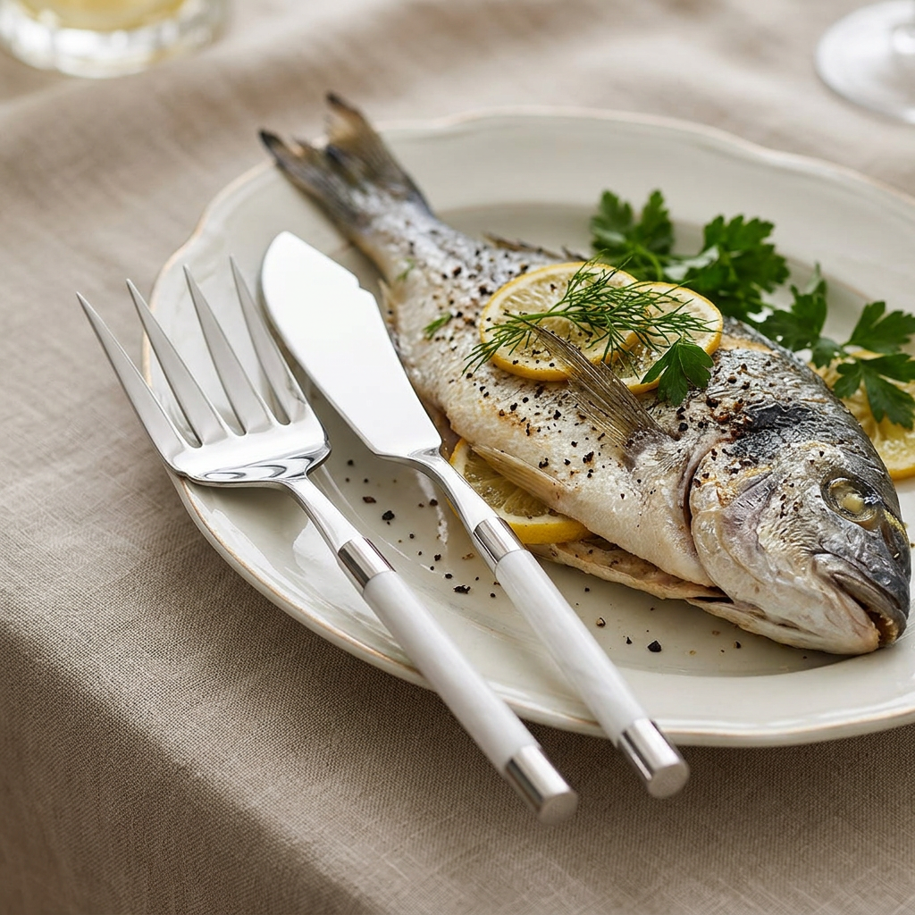 Conty White Fish Servers ambientado con pescado y sin manos