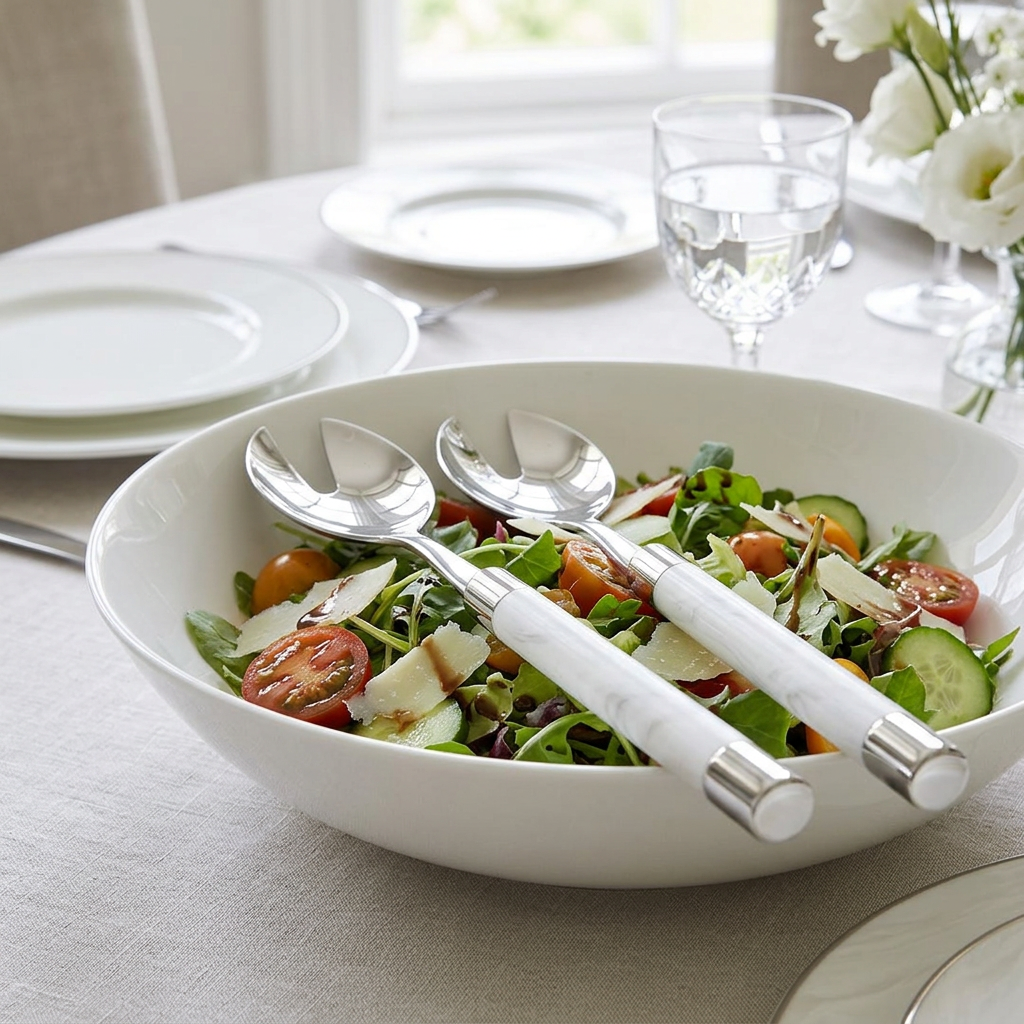 Conty White Salad Servers ambientados