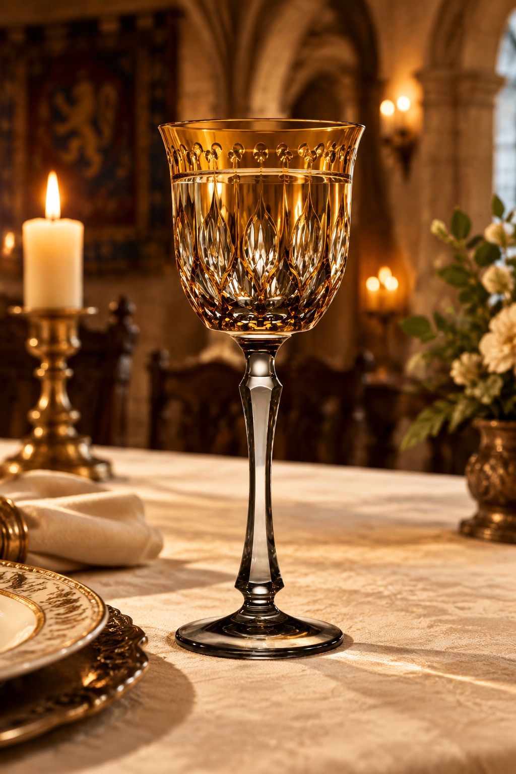 Copa de agua ámbar en un comedor elegante de castillo