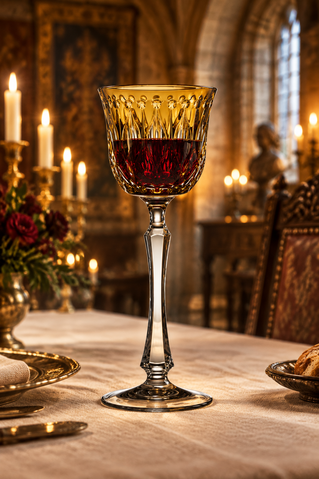 Copa de vino tinto en un comedor de castillo elegante