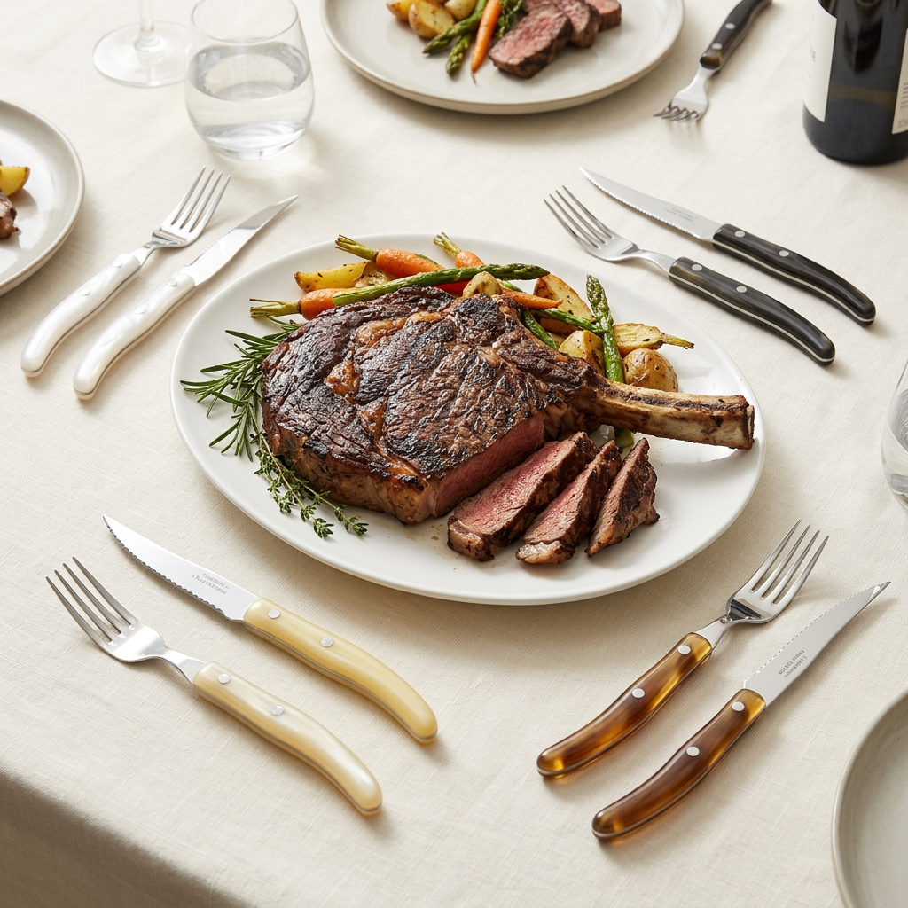 Cubiertos Berlingot en varios tonos junto a un gran corte de carne