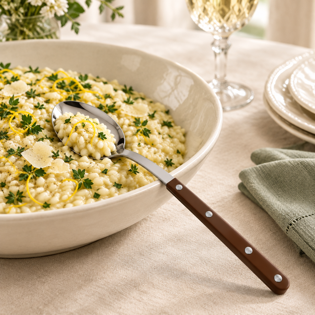 Cuchara de servir Bistrot Chocolate con risotto en una mesa elegante