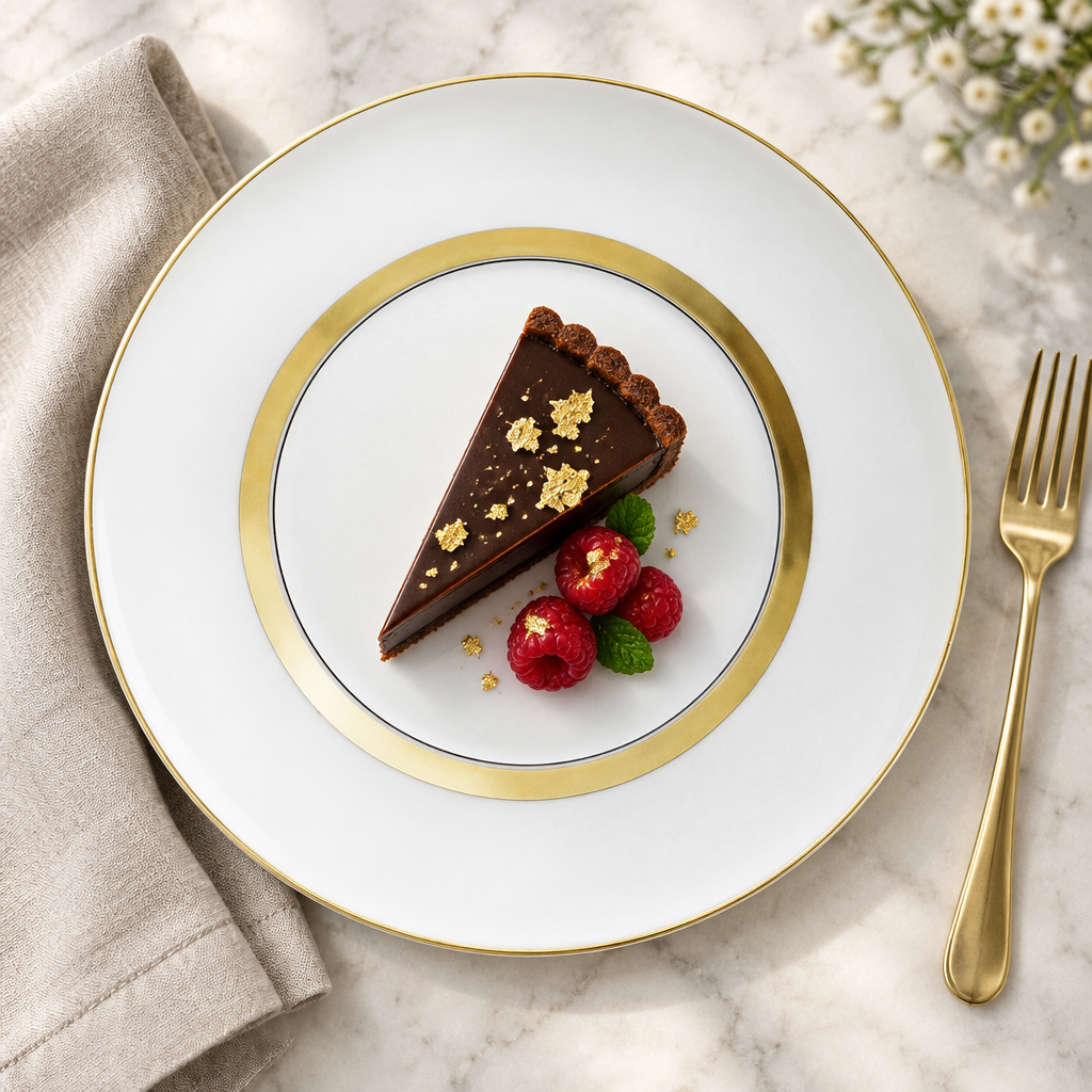 Domo Gold Dessert Plate ambientado con tarta de chocolate