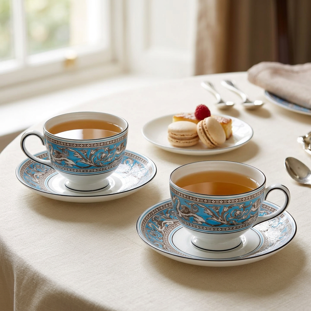 Dos tazas Florentine Turquoise con sus platos en uso