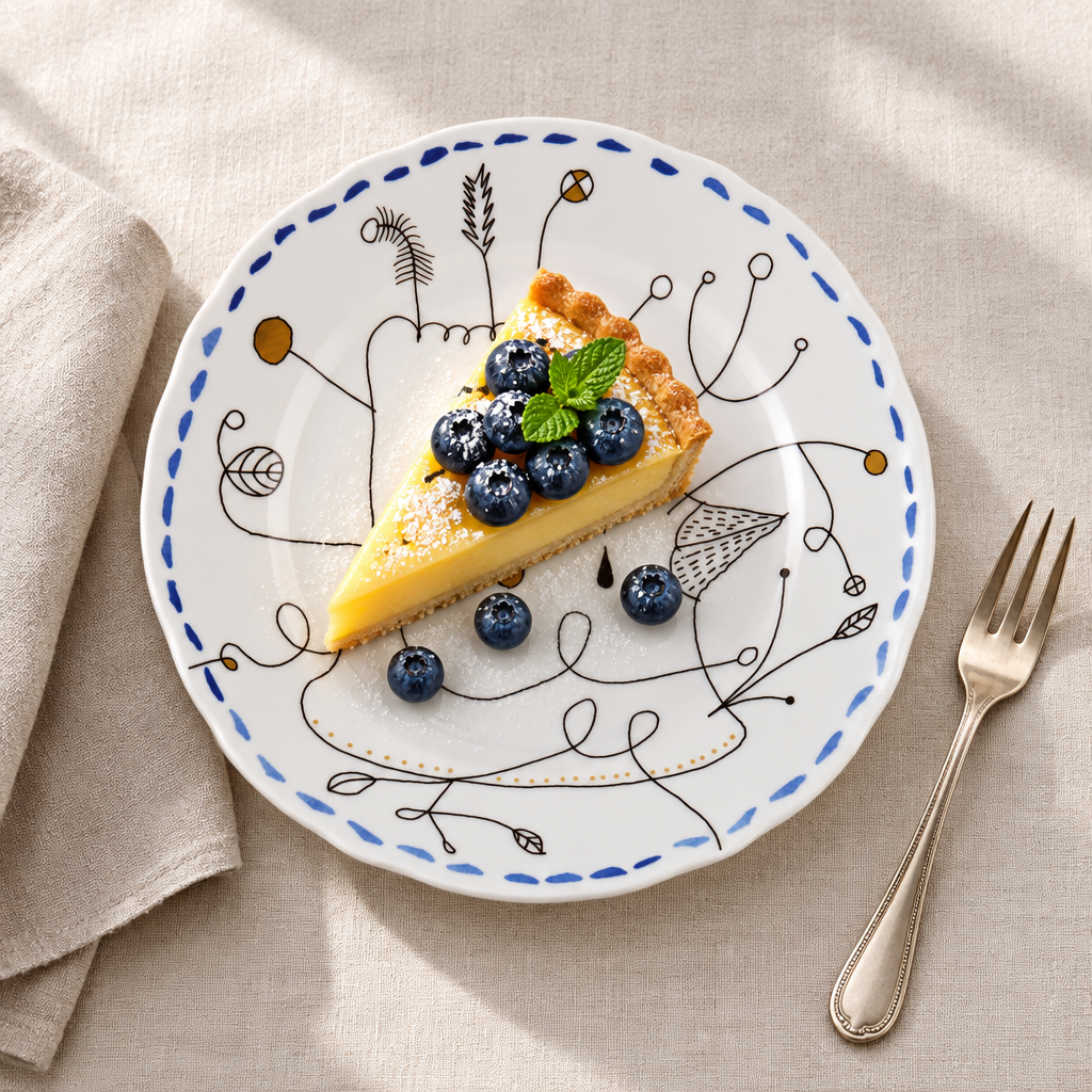 Folkifunki Dessert Plate Blue ambientado con tarta de limón