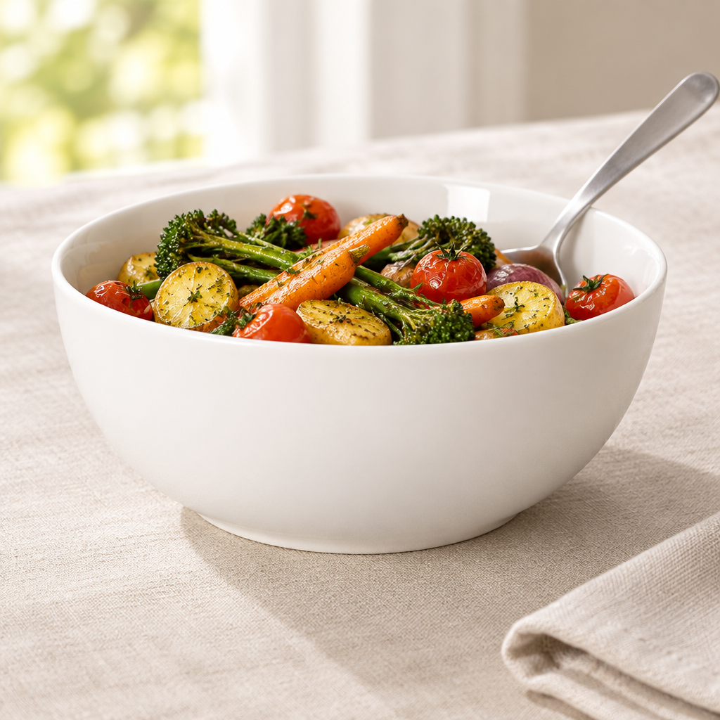 For Me Round Vegetable Bowl Small ambientado con verduras asadas