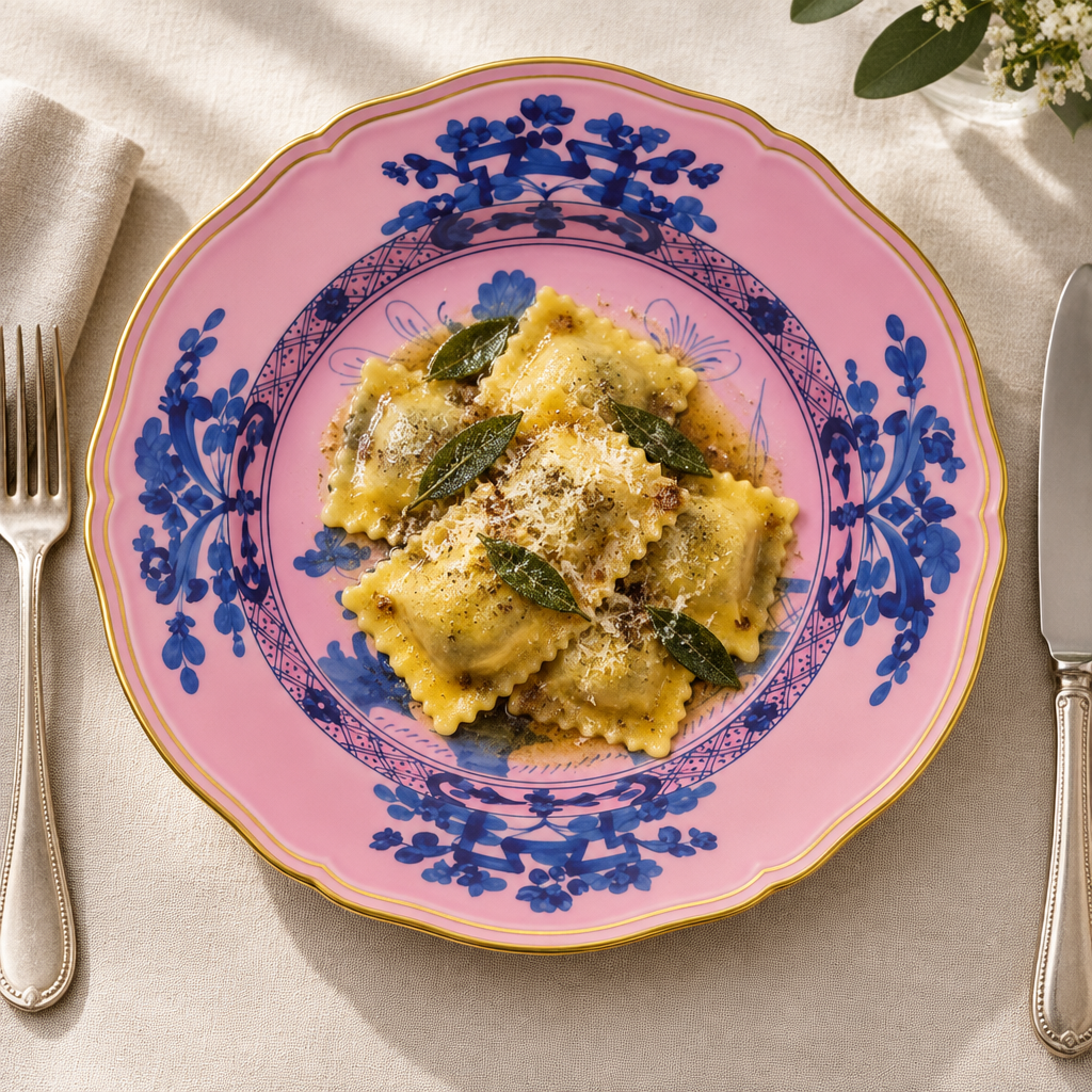 Ginori Oriente Italiano Gold Azalea Dinner Plate ambientado con ravioles