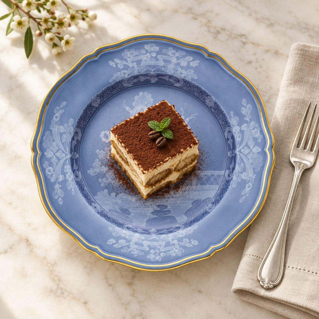 Ginori Oriente Italiano Gold Pervinca Dessert Plate ambientado con tiramisú