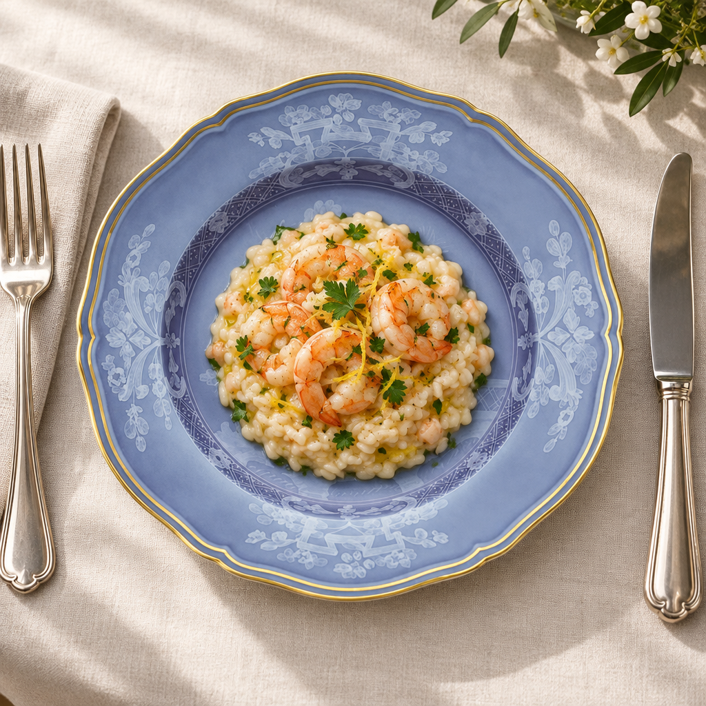 Ginori Oriente Italiano Gold Pervinca Dinner Plate ambientado con risotto