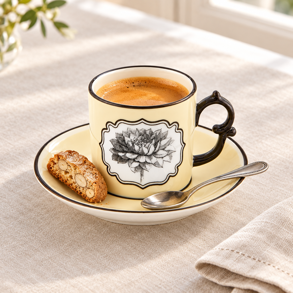 Herbariae Coffee Cup and Saucer Yellow ambientada con espresso