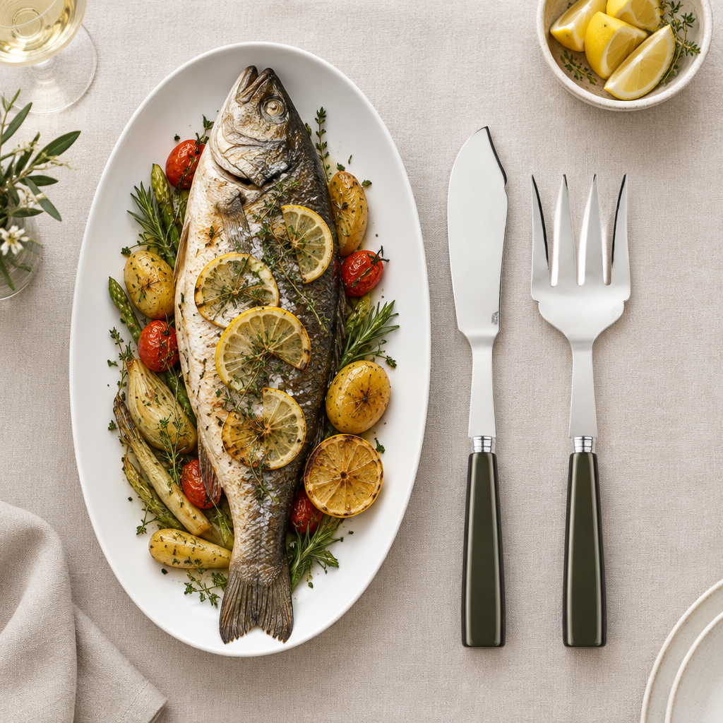 Icon Olive Fish Serving Set junto a una fuente de pescado