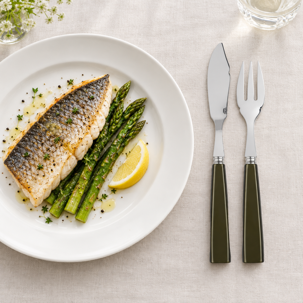 Icon Olive Fish Set junto a un plato de pescado