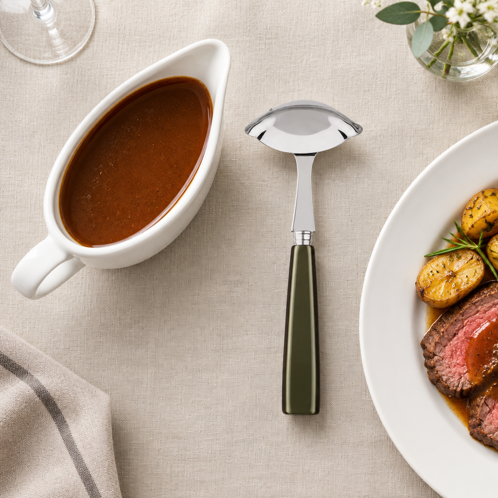 Icon Olive Gravy Ladle junto a una salsera
