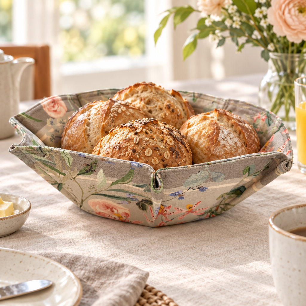 F448 peach blossom bread basket with bread on breakfast table