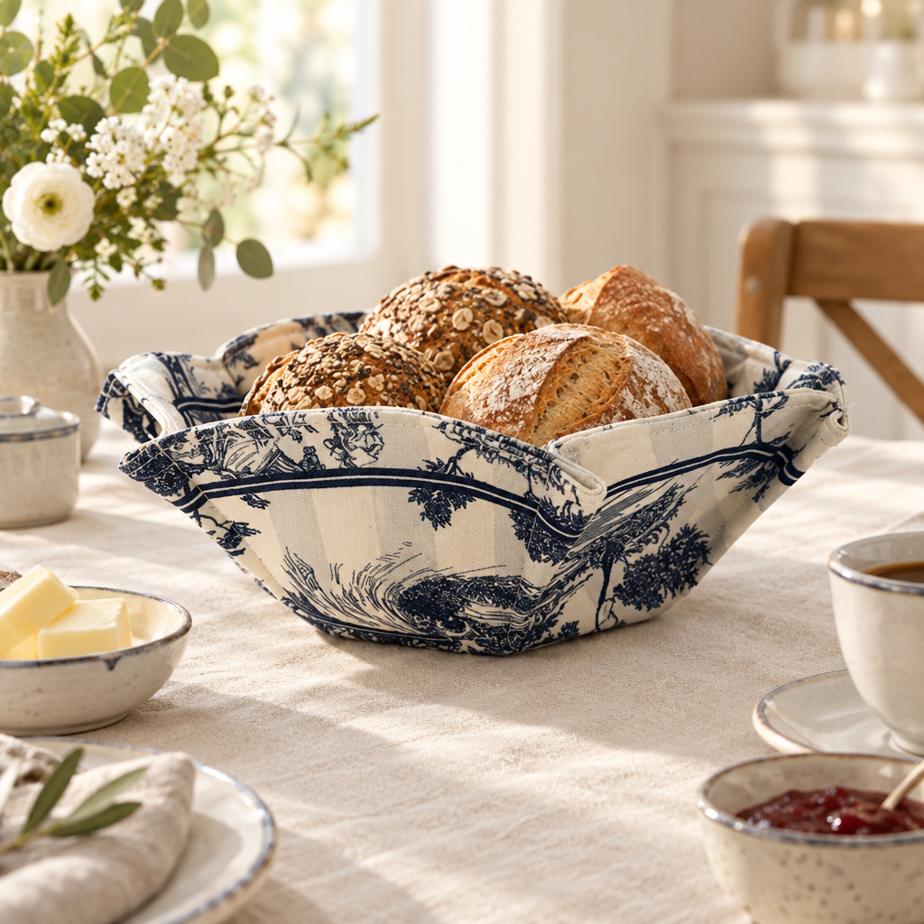 F443 blue toile bread basket with bread on breakfast table