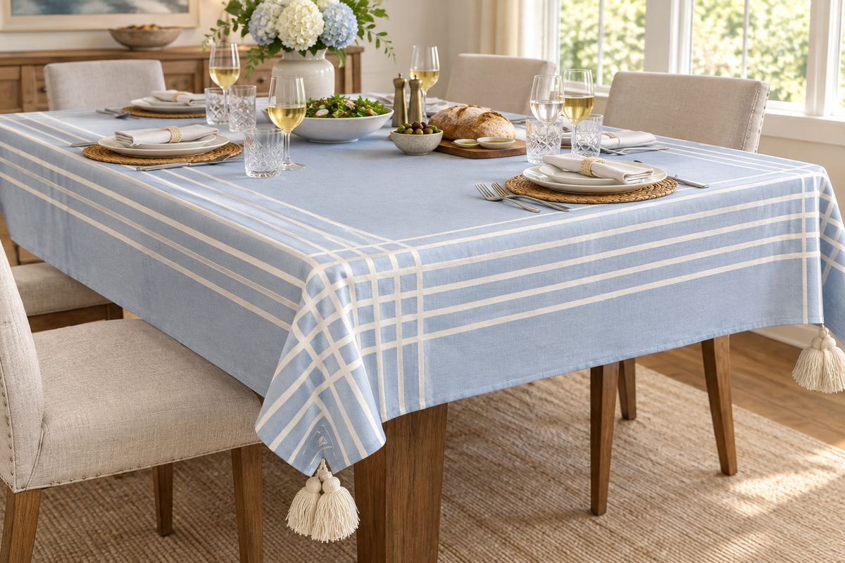 L4 blue grid-border tablecloth on an elegantly set dining table