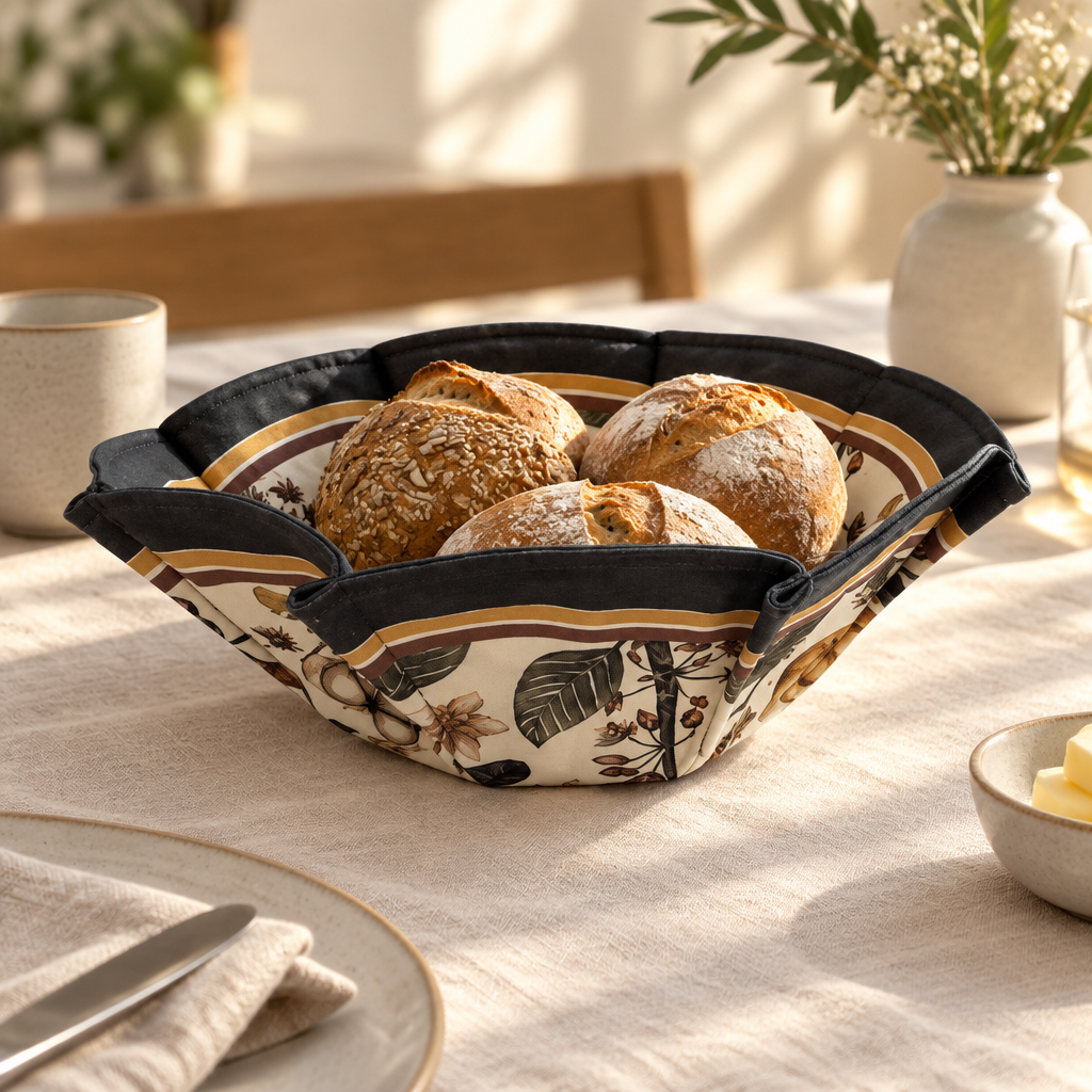 F450 botanical bread basket with fresh bread on breakfast table