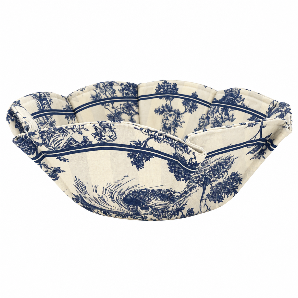 F443 blue toile bread basket on white background