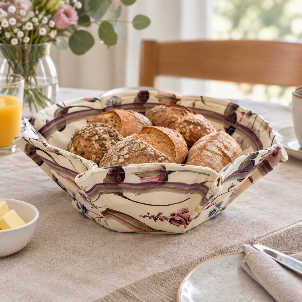 F449 floral branch bread basket with bread on dining table
