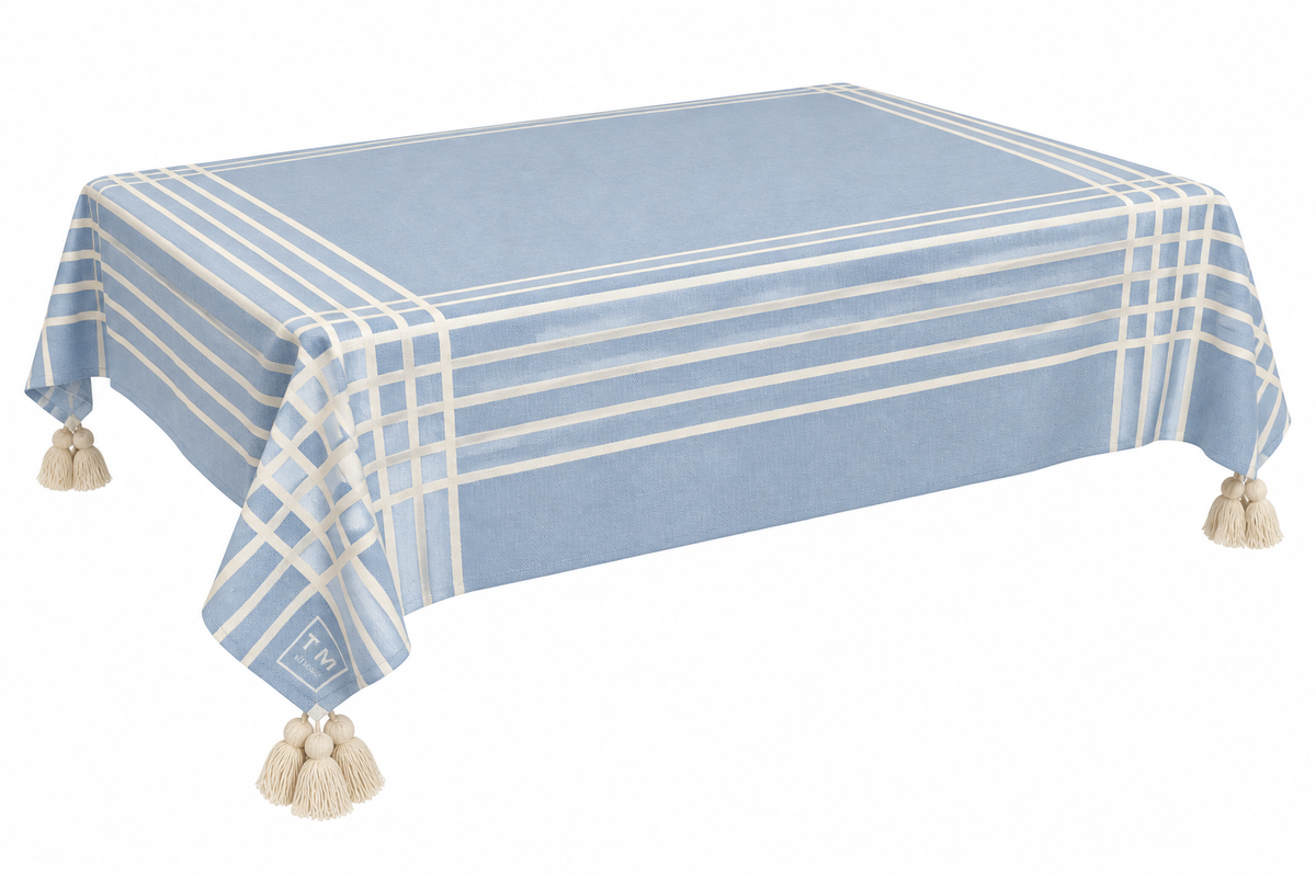 L4 blue grid-border tablecloth without visible table on pure white background