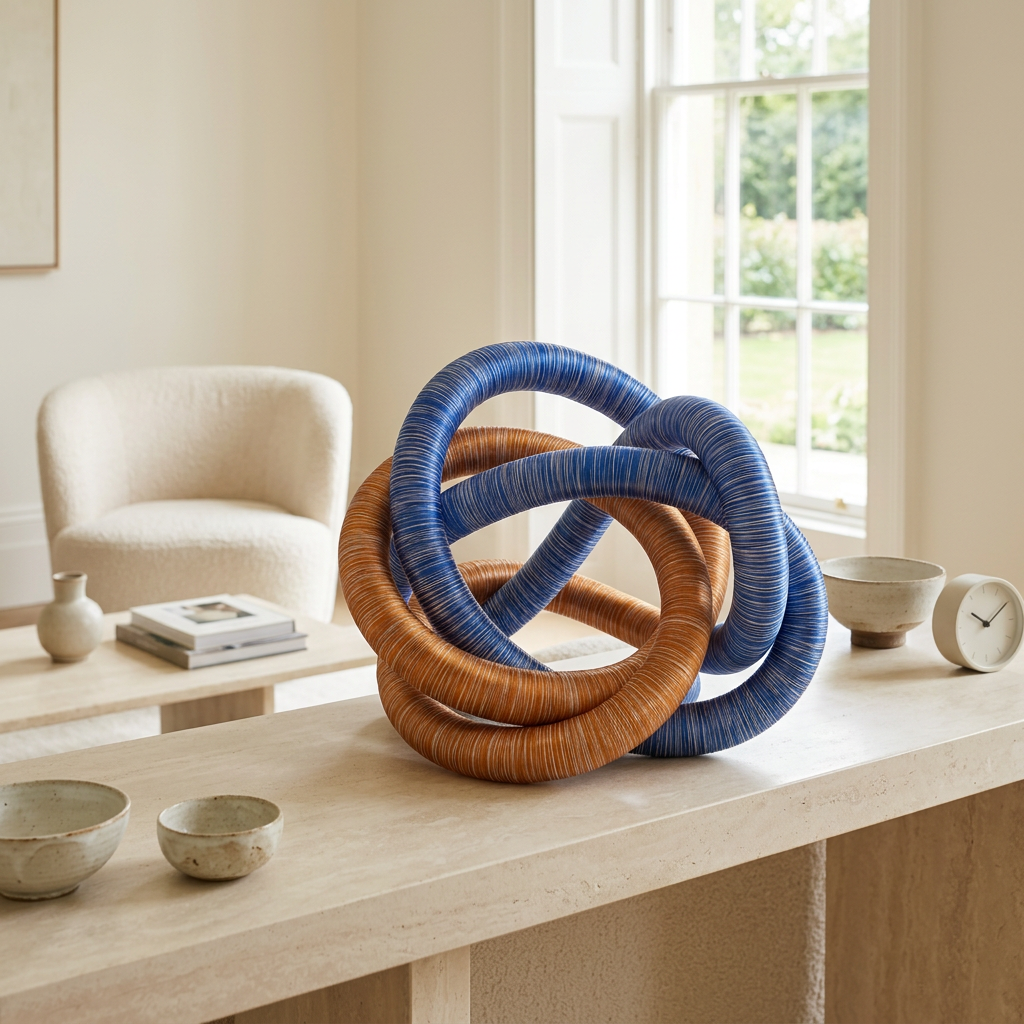 Sapphire blue and copper fabric knot sculpture displayed on a console