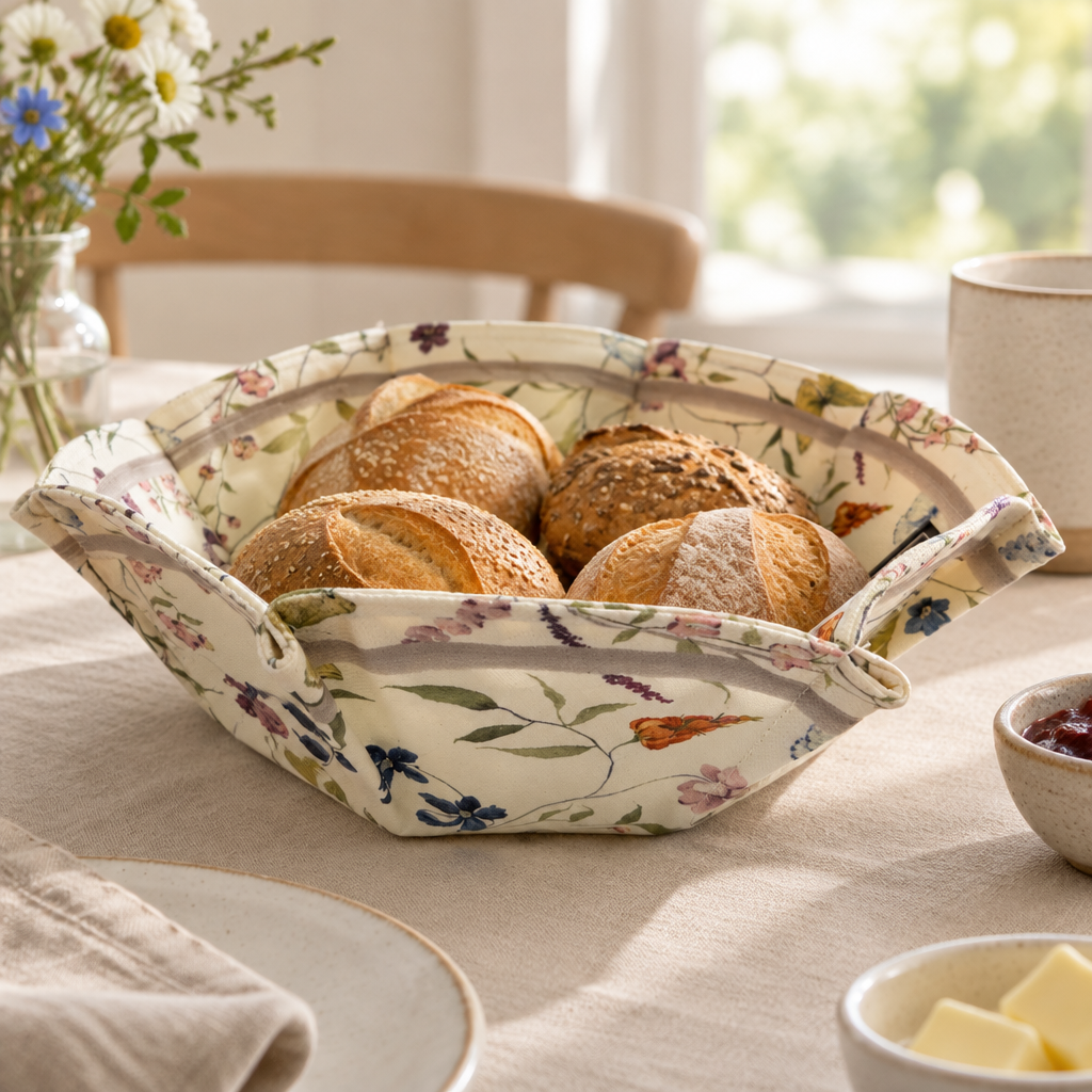 F446 meadow floral bread basket with bread on breakfast table