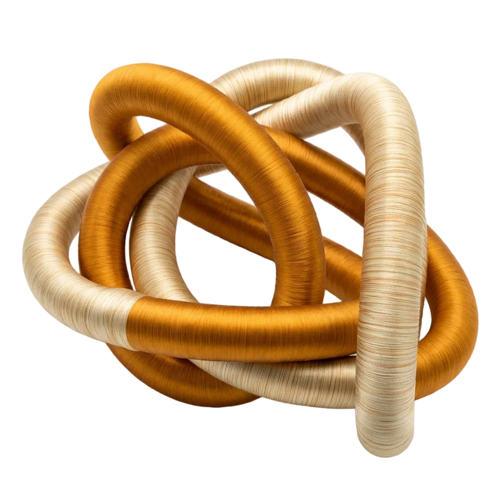 Amber gold and champagne fabric knot sculpture on white background
