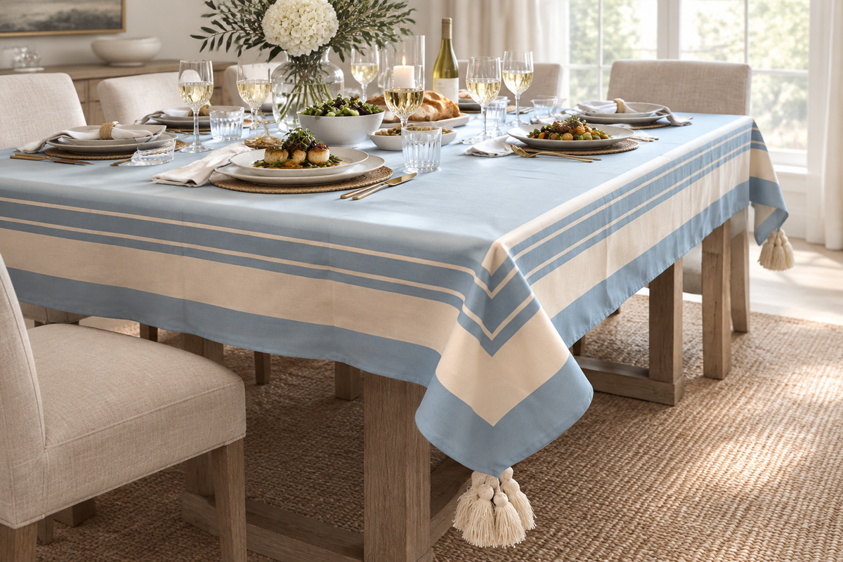 L2 light blue tassel tablecloth on elegantly set dining table