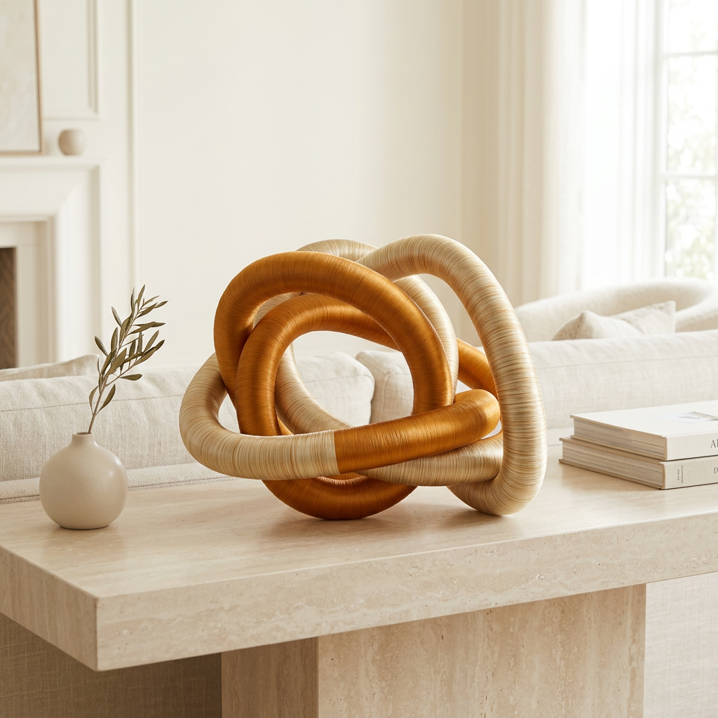 Amber gold and champagne fabric knot sculpture displayed on a console