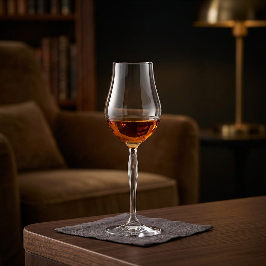 Lalique 100 Points cognac glass with cognac in an elegant warm lounge setting