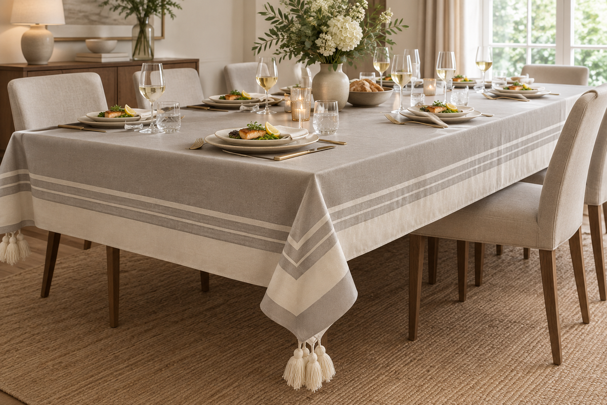 L1 taupe striped tassel tablecloth on an elegantly set dining table