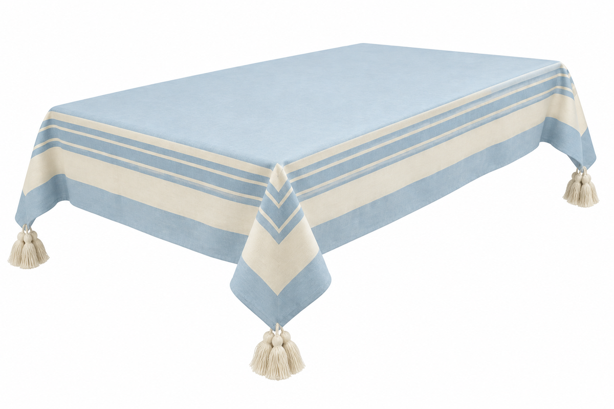 L2 light blue tassel tablecloth extended without visible table on pure white background