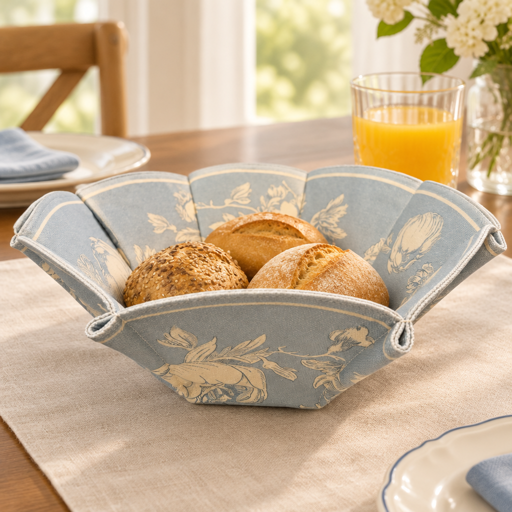 F422 light blue white rose bread basket holding bread at breakfast table