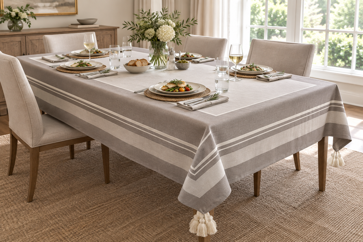 L3 center panel tassel tablecloth on an elegantly set dining table