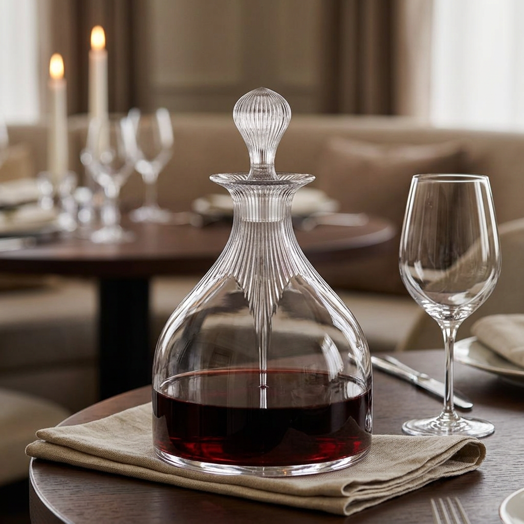 Lalique 100 Points clear crystal wine decanter with red wine on an elegant dining table