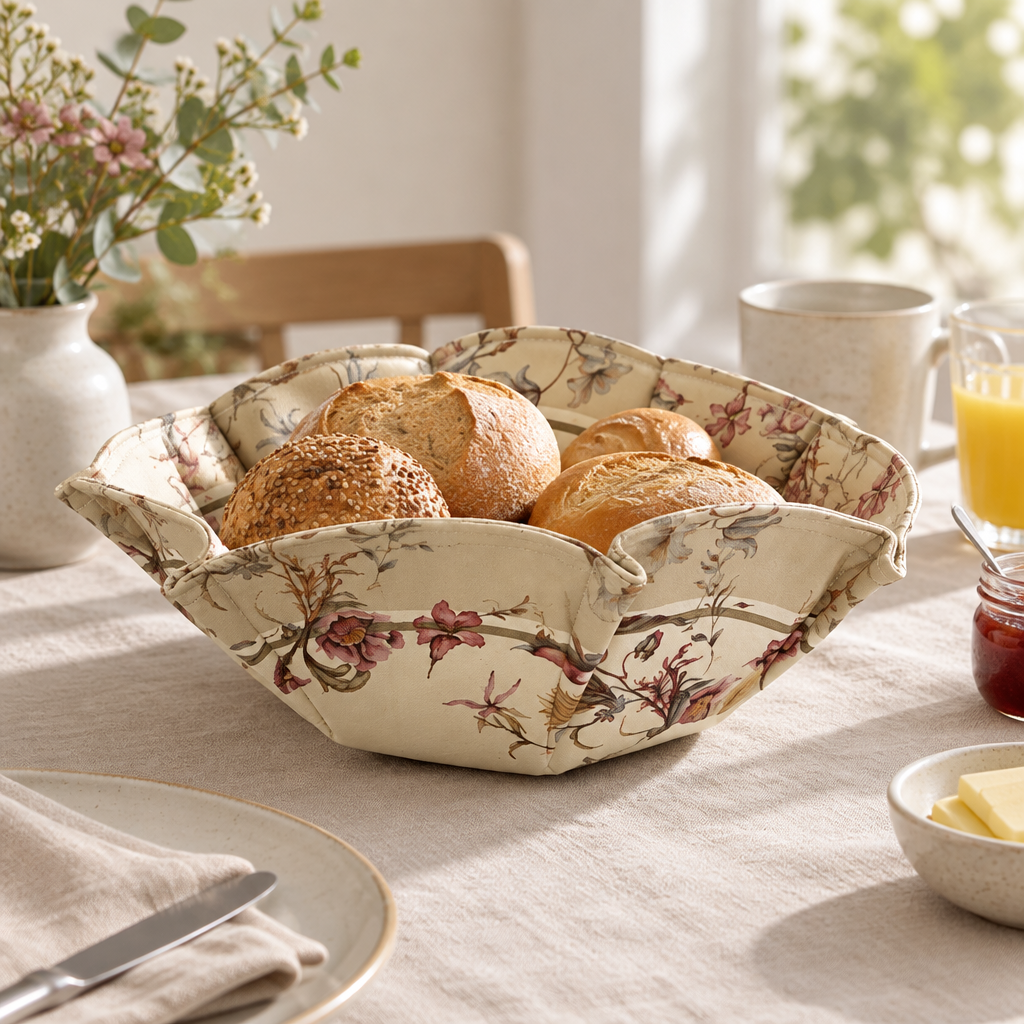 F447 botanical rose bread basket with fresh bread on a breakfast table