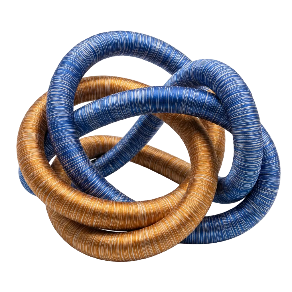 Sapphire blue and copper fabric knot sculpture on white background