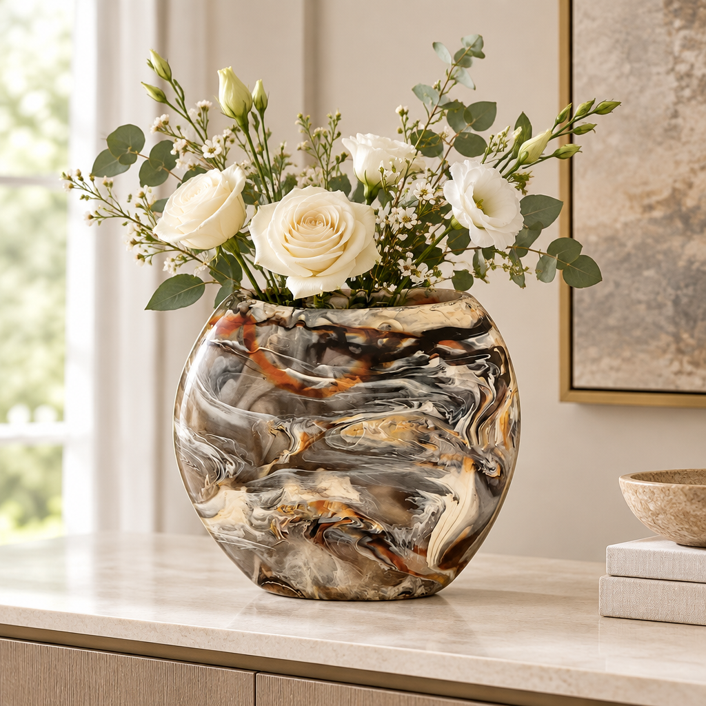Jarrón Oceania Mocha Swirl ambientado con flores