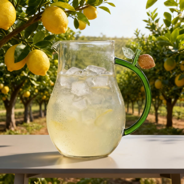 Jarra con limonada fría en mesa minimalista