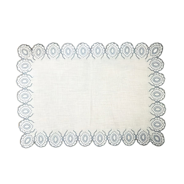 Feather - Embroidered Border Rectangle Placemat White / Blue