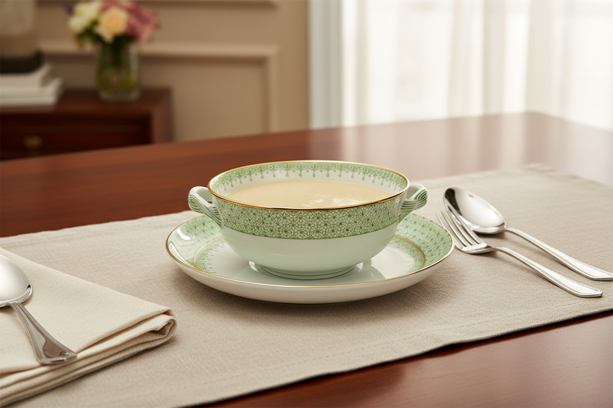 Lace Apple Green Cream Soup & Saucer - Ambientada